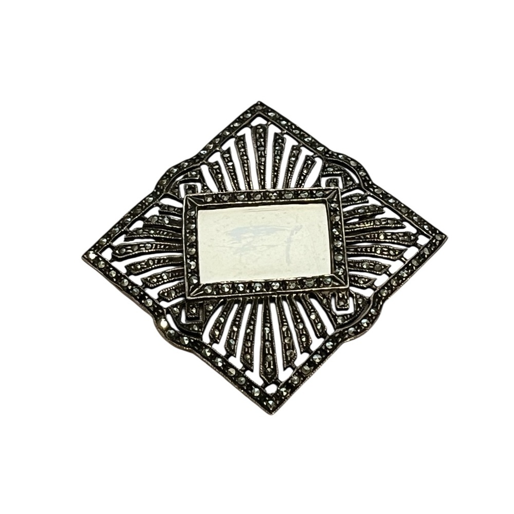 Vintage Sterling silver art deco diamond shape brooch with center portrait